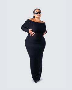 Snatch their soul in this black, long-sleeve maxi dress made from a stretch fabric and complete with a folded off-the-shoulder overlay 😈 Show a little class, while still making it clear you're not for the faint of heart 🖤 Chic Black Off Shoulder Maxi Dress, Black Off-shoulder Maxi Dress For Fall, Off-shoulder Black Maxi Dress For Fall, Black Off Shoulder Maxi Dress For Evening, Fitted Black Maxi Off Shoulder Dress, Black Fitted Maxi Length Off Shoulder Dress, Black Maxi Length Off Shoulder Dress For Evening, Fitted Black Off Shoulder Maxi Dress, Black Off Shoulder Maxi Dress For Party