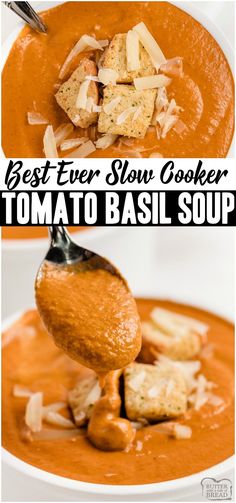 the best ever slow cooker tomato basil soup is made with just four ingredients and it's ready in under 30 minutes