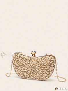 Bird in Bag - Ladies Evening Clutch: Elegant Wedding Handbag with Artificial Pearl Embellishments Glamorous Gold Shoulder Bag For Wedding Guests, Glamorous Champagne Bag For Wedding, Embellished Clutch Bag For Wedding, Embellished Shoulder Bag For Wedding, Gold Handheld Clutch For Wedding, Gold Embellished Bags For Reception, Gold Embellished Shoulder Bag For Weddings, Glamorous Embellished Bags For Wedding, Gold Embellished Clutch For Reception