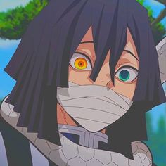 an anime character with black hair and yellow eyes wearing a face mask, looking at the camera