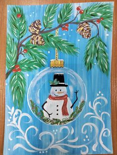 a painting of a snowman in a christmas ornament