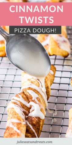 cinnamon twists on a cooling rack with a spoon drizzled with icing