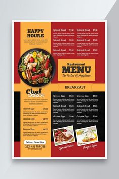 a restaurant menu with an orange and red design on the front, black and yellow background