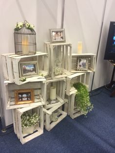 a bunch of shelves that have pictures and plants on them in front of a tv