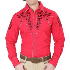 Camisa Vaquera Bordada El General GEN-40992 - El General Fitted Embroidered Top For Rodeo, Embroidered Fitted Shirt For Rodeo, Fitted Embroidered Shirt For Rodeo, Fitted Embroidered Red Shirt, Fitted Red Embroidered Shirt, Western Red Tops For Spring, Western Style Red Tops For Spring, Spring Western Red Tops, Color Rojo