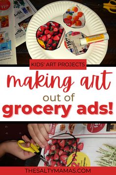 kids are making art out of grocery ads with paper plates and scissors on the table