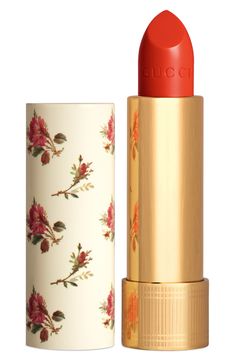 What it is: A sheer-finish lipstick that gives a luminous finish to lips, delivering a feeling of moisture and comfort with its lightweight texture.What it does: Inspired by vintage makeup, its packaging interweaves House motifs with contemporary codes, making a feminine statement with a pink rosebud print on ivory with a gold base, as if it came from a 1940s dressing table.How to use: Apply using the sharp end of the bullet to contour. Style Name:Gucci Rouge À Lèvres Voile Sheer Lipstick. Style Gucci Lipstick, Parfum Gucci, Koleksi Parfum, The Painted Veil, Makeup Packaging, Sheer Lipstick, Wise Girl, Inspired Makeup, Lipstick Collection