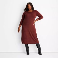 Women's Long Sleeve Ribbed Midi Bodycon Dress - A New Day™ Brown 4x : Target Oatmeal Dress, Ribbed Bodycon Midi Dress, Midi Bodycon Dress, Sweater Maxi Dress, Womens Knit Dresses, Ballet Dress, Sweater Dress Midi, Women Midi, Ribbed Texture