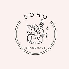 the logo for soho brandhaus is shown in black and white, with an image of a cake on top