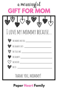 a printable gift for mom with hearts on it