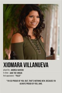 a woman smiling in front of a poster with the words xiomara villaneva