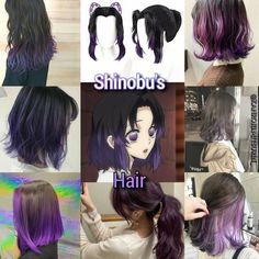 Demon Slayer Hair Dye Ideas, Shinobu Hair Color, Demon Slayer Hair Color, Shinobu Kochou Hair, Shinobu Hairstyle Tutorial, Shinobu Hair Down, Shinobu Hairstyle, Nezuko Hair, Shinobu Hair