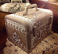 Vintage train case painted decoupage wedding luggage Wedding Luggage, Decoupage Wedding