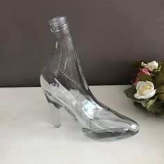 "Vintage Glass Bottle Vase, High Heel Shoe, Glass slipper, Gift for Her - Unique vintage clear glass bottle In the shape of a high heel shoe - Would make a very unique vase / gift idea - 7\" long, 8\" high, 3\" wide - Excellent condition  Thanks for looking!" Shoe Vase, Glass Bottle Vase, Unique Vase, Coral Pattern, Unique Vases, Glass Slipper, Bottle Vase, Vintage Vases, Glass Bottle