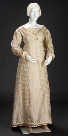 c. 1817 French Dress.  Silk twill with self-weft-float patterning, padded silk-satin.  The RISD Museum. 1800s Wedding Dress, 1800s Wedding, Risd Museum, French Wedding Dress, 1820s Fashion, 1800's Dress, History Of Fashion, Island School, Regency Era Fashion