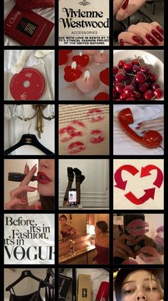 the collage shows many different pictures with red and black colors on them, including cherries