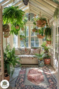 a sun room filled with lots of potted plants