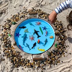 a child is playing with an ocean theme on the beach