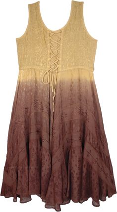 A perfect all-season dress, especially because of its dusky dual shade.  The dress has a beautiful lace work alongside the stylized panels of the dress. #tlb #Sleeveless #Embroidered #Peasant #MedievalDress #RenaissanceDress #WesternDress #RayonDress Bohemian Summer Dresses With Contrast Lace, Sleeveless Beige Dress With Lace Work, Beige Sleeveless Dress With Lace Work, Sleeveless Brown Dress With Lace Trim, Brown Sleeveless Dress With Lace Trim, Comfycore Outfits, Hemp Clothes, Dress Medieval, Riverside Cottage