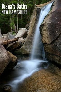 there is a small waterfall coming out of the rocks in the woods with trees behind it