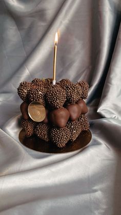 a chocolate cake with a lit candle on top