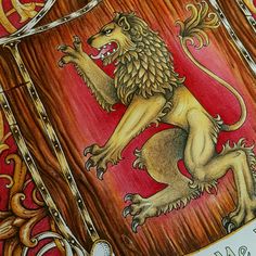 a drawing of a lion on a red and gold background