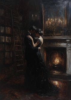 a painting of a man and woman embracing in front of a fireplace with bookshelves