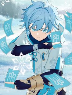 an anime character with blue hair wearing gloves and holding something in his hand while standing next to snowflakes