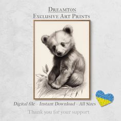 a black and white drawing of a baby bear sitting in front of a blue heart