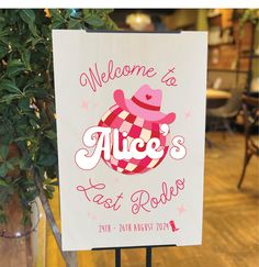 a sign that says welcome to alice's fast rollo with a pink hat on it