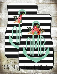 two black and white striped coasters with an anchor, flowers and the word oh my