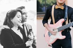 a man holding a pink guitar next to a black and white photo of a woman