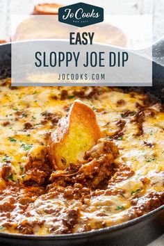 an easy sloppy joe dip recipe in a skillet with a wooden spoon and text overlay