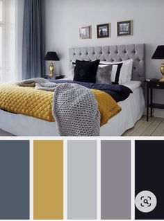 a bedroom with yellow and gray colors in the bedding, pillows, lamps, and pictures on the wall