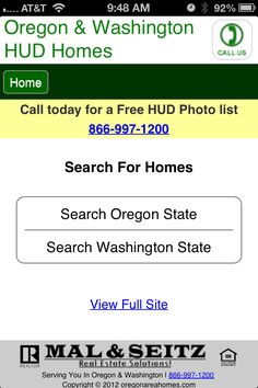 the oregon and washington h d homes search page on a cell phone, which is open to