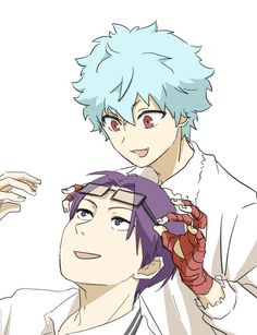 two anime characters one with blue hair and the other with pink hair looking at something