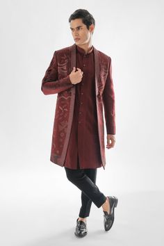 Brown sherwani style achkan featuring tonal embellished floral patterns. Comes with solid kurta and contrast black pant.
Components: 3
Pattern: Embroidered
Type Of Work: Crystal,Thread
Neckline: Achkan: Shawl Collar, Kurta: Mandarin Collar 
Sleeve Type: Achkan: Full
Fabric: Achkan and Kurta: Heavy Modal Satin, Pant: Terry Cott
Color: Brown
Other Details: 
Button down kurta
Fitted silhouette
Occasion: Sangeet,Cocktail and Reception - Aza Fashions Collar Kurta, Satin Pant, Fashion App, Fitted Silhouette, Pant Set, Floral Patterns, Shawl Collar, Mandarin Collar, Aza Fashion