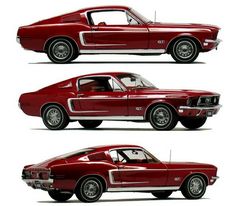 three different views of a red car with white stripes on the hood and side windows