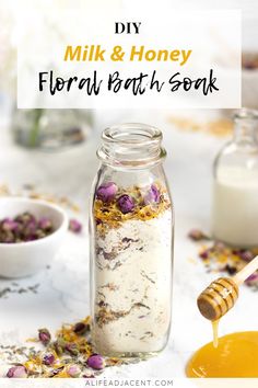 DIY Milk and Honey Floral Bath Soak. This skin-loving DIY bath soak is moisturizing, soothing and incredibly appealing to the senses. Powdered milk and honey deeply hydrate dry skin, while organic flower petals provide aromatherapy and luxury. Your daily bath will feel like a rejuvenating day at the spa! #alifeadjacent #bathandbody #relaxation #bathsoak Beauty Herbs, Hibiscus Powder, Dried Calendula, Honey Powder