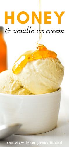 honey and vanilla ice cream in a white bowl