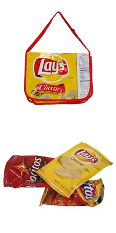 two bags of chips and one bag of cheese on a white background with red string