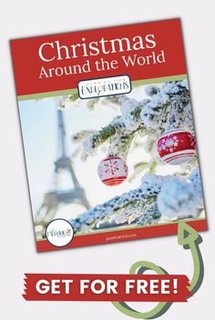 the christmas around the world book is shown with an arrow pointing up to it's cover