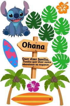 a sign that says ohana and is surrounded by palm trees, surfboards and flowers