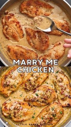 two pictures of chicken and gravy in a skillet with the words marry me chicken