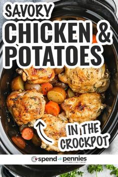 the cover of savory chicken and potatoes in the crockpot is shown