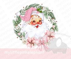 a watercolor painting of santa claus surrounded by holly wreaths and pink bowes