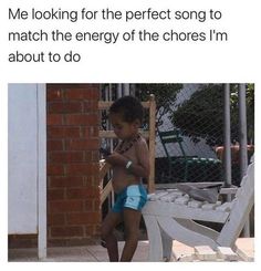 a little boy that is sitting on a bench with his hand in his pocket and the caption reads, me choosing the right song before i start cleaning the house