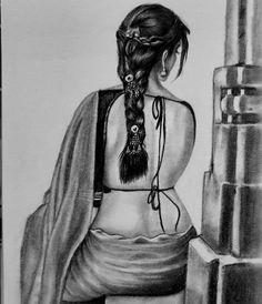 a pencil drawing of a woman with her back to the camera