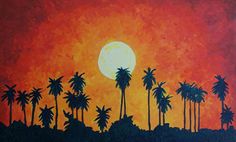 an oil painting of palm trees and the sun in the distance with red sky above