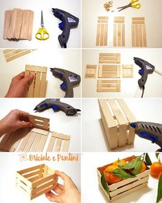 the steps to make a wooden crate with scissors and fruit in it are shown here